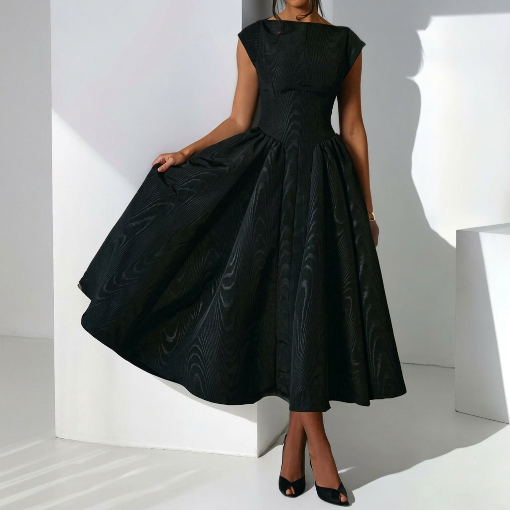 Sophia | Women's 1950s-Inspired Bateau Neck Full Skirt Satin Midi Dress