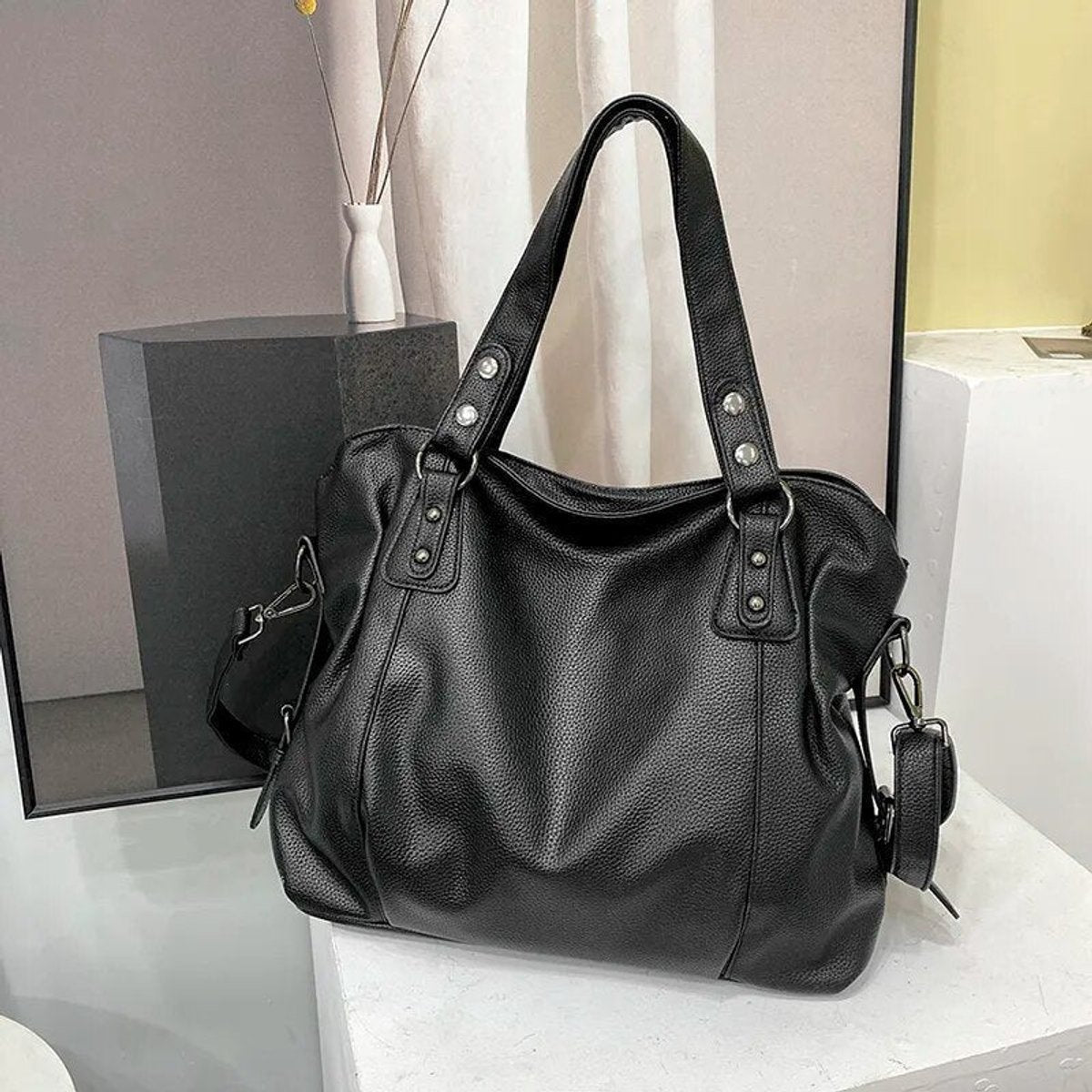 Harper | Women's Large Studded Faux Leather Hobo Tote with Crossbody Strap