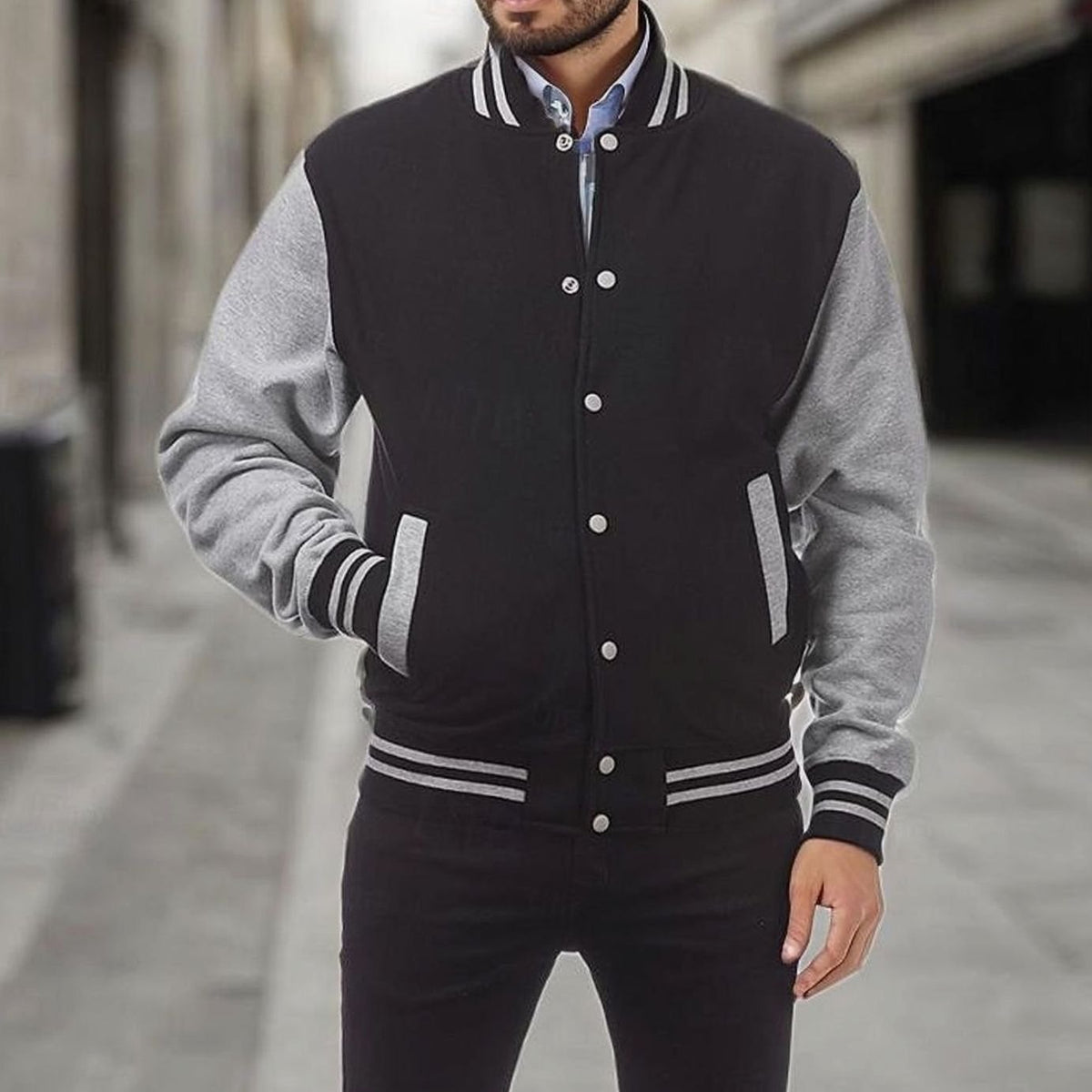 Caleb | Men's Classic Varsity Bomber Jacket Ribbed Snap-Button