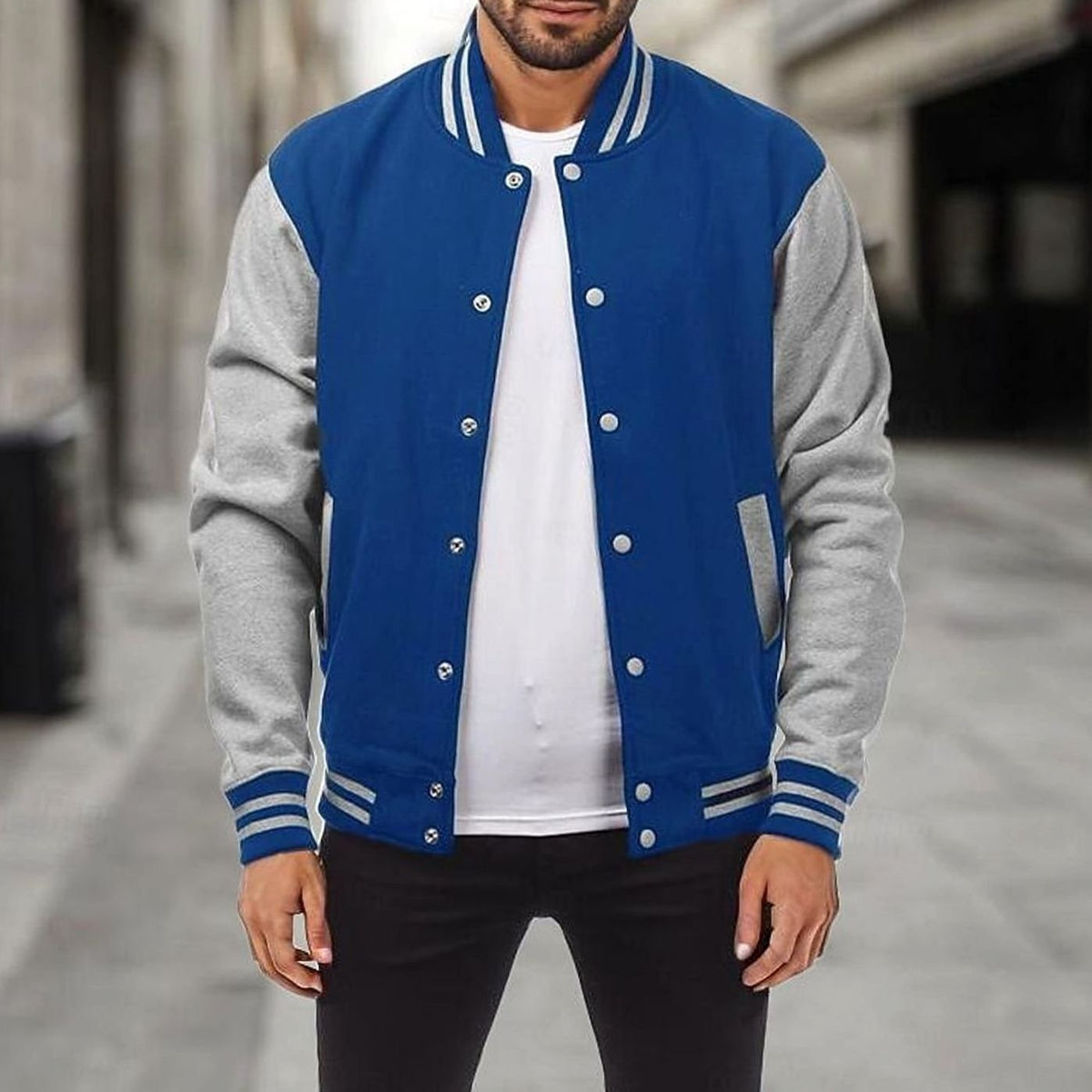 Caleb | Men's Classic Varsity Bomber Jacket Ribbed Snap-Button