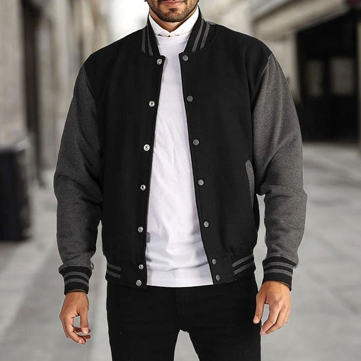 Caleb | Men's Classic Varsity Bomber Jacket Ribbed Snap-Button