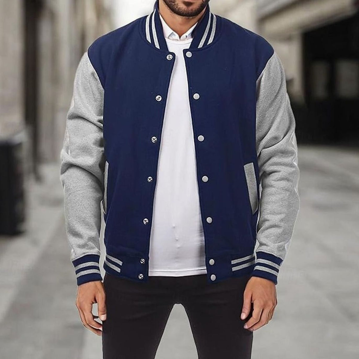 Caleb | Men's Classic Varsity Bomber Jacket Ribbed Snap-Button