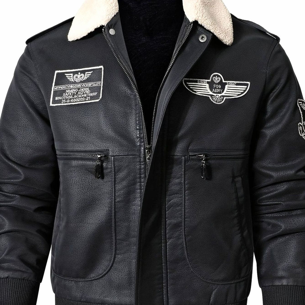 Owen | Men's Faux Leather Aviator Bomber Jacket Sherpa Collar, Black