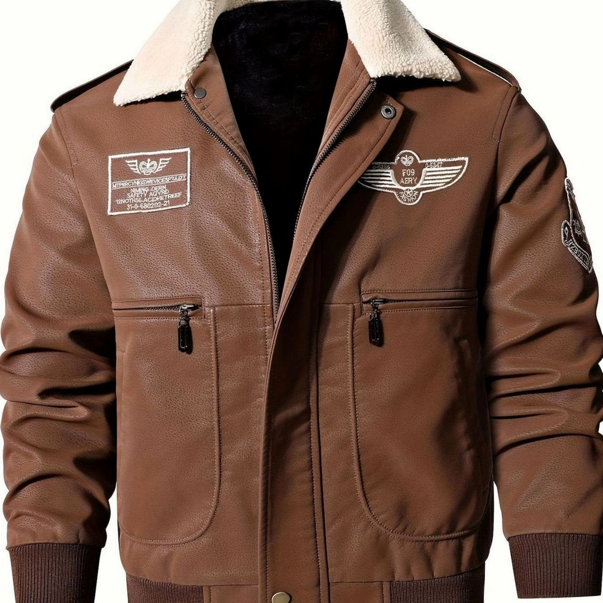 Owen | Men's Faux Leather Aviator Bomber Jacket Sherpa Collar, Black