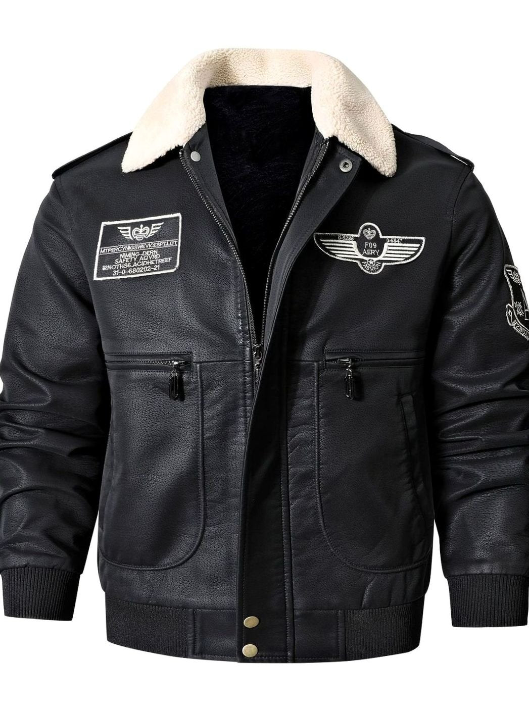 Owen | Men's Faux Leather Aviator Bomber Jacket Sherpa Collar, Black