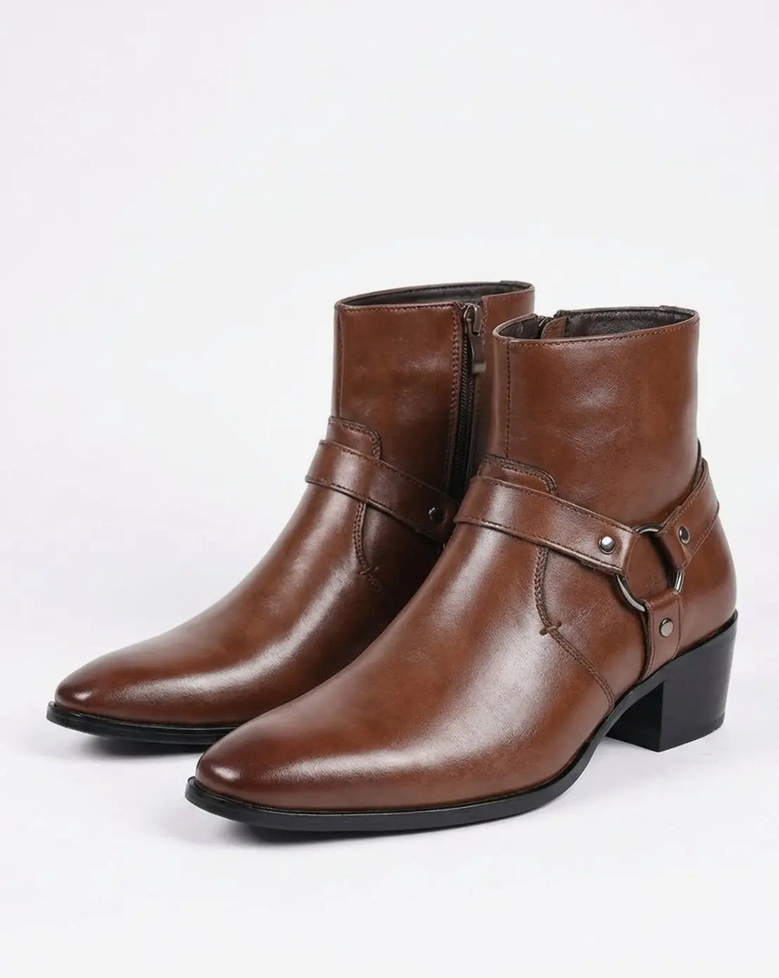 Men's Leather Harness-Strap Pointed-Toe Ankle Boots