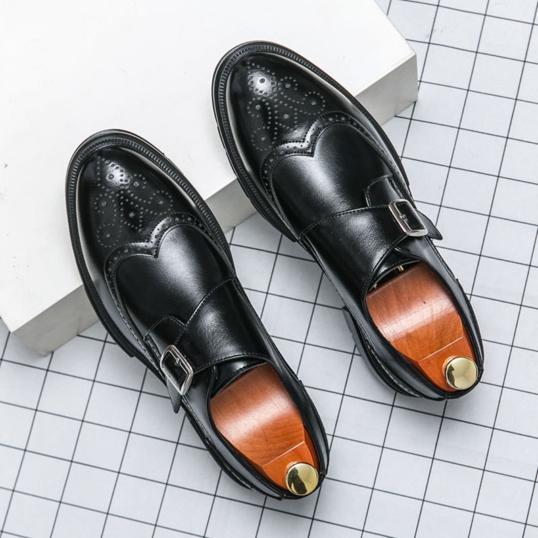 Men's Leather-Look Monk Strap Wingtip Brogue Dress Shoes