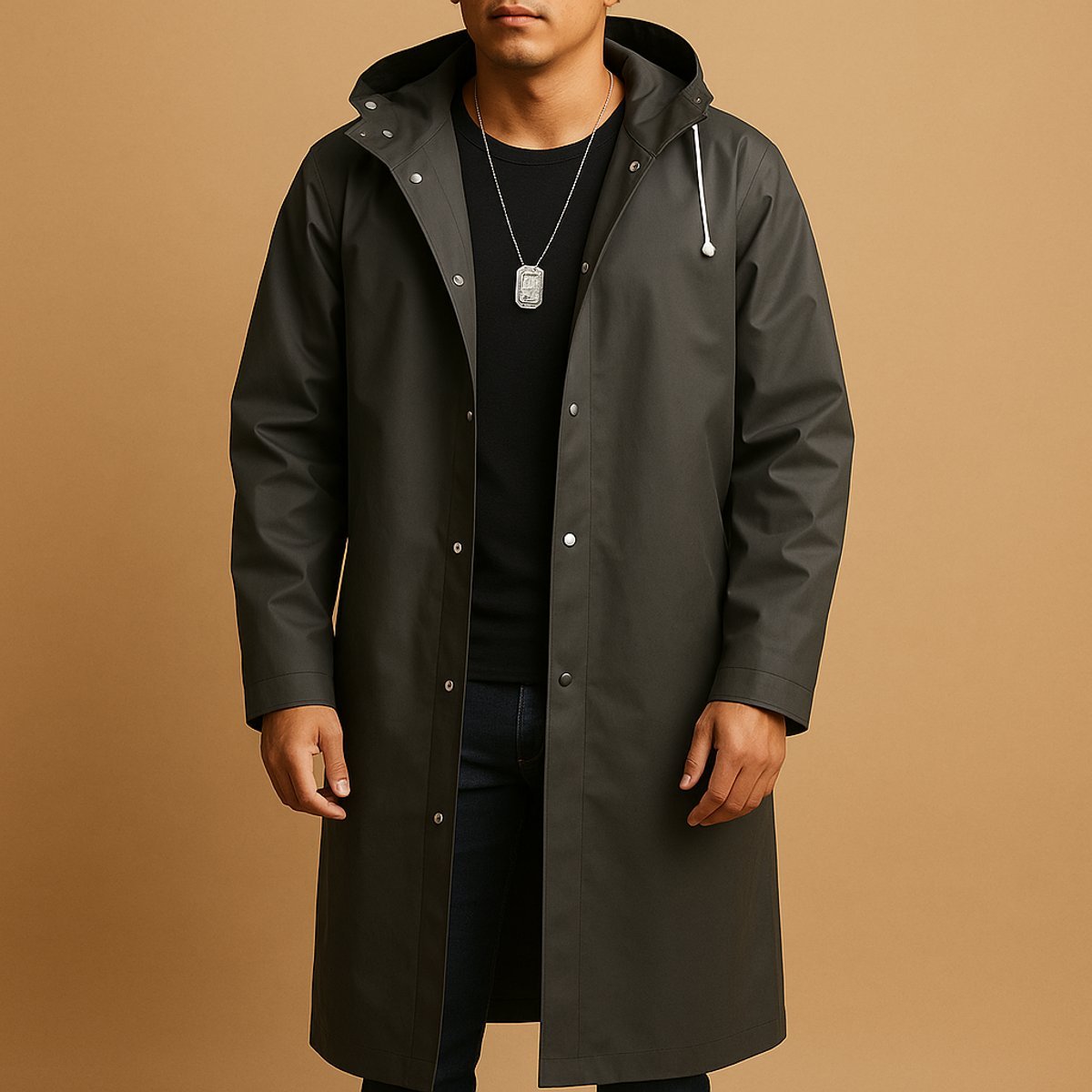 Nathan | Men's Long Hooded Waterproof EVA Rain Jacket Longline Snap-Button