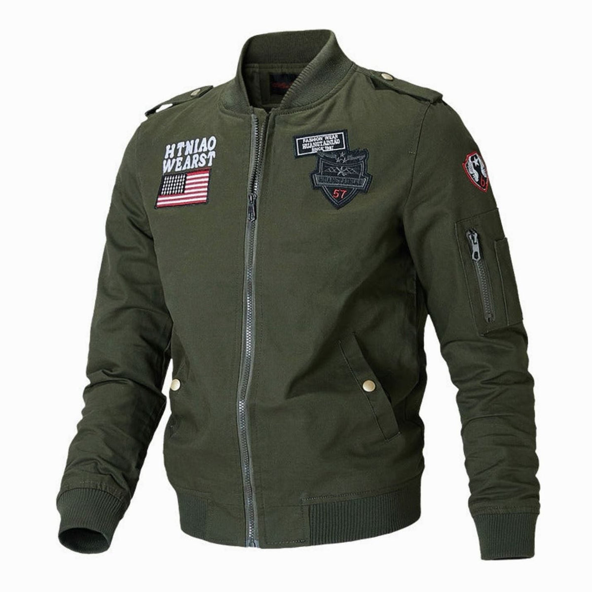 Henry | Men's Military Patch Zip-Up Bomber Jacket, Army Green