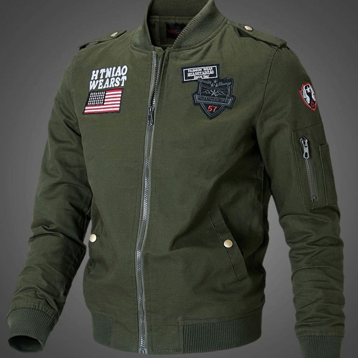 Henry | Men's Military Patch Zip-Up Bomber Jacket, Army Green