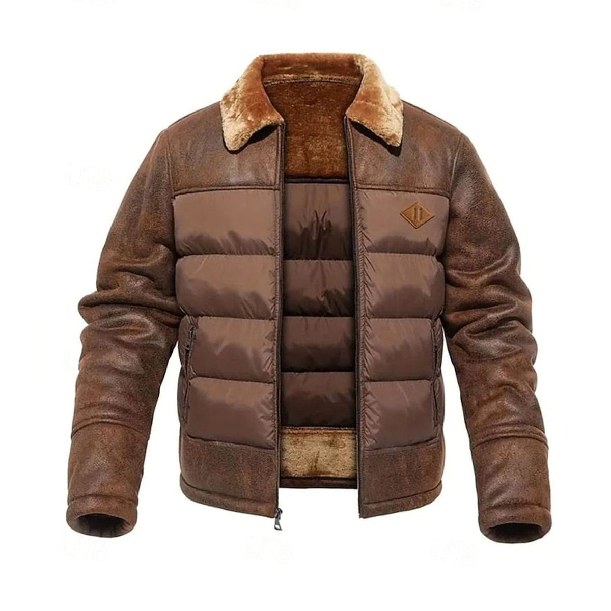 Owen | Men's Quilted Jacket Insulated Faux Leather Fleece-Collar Winter Coat