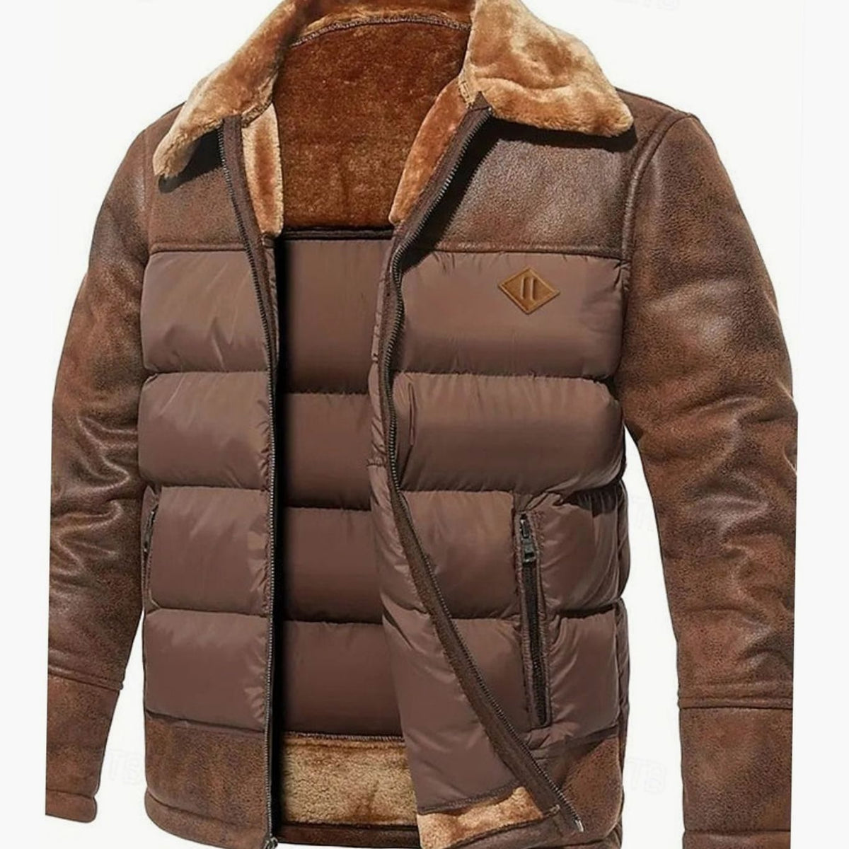 Owen | Men's Quilted Jacket Insulated Faux Leather Fleece-Collar Winter Coat