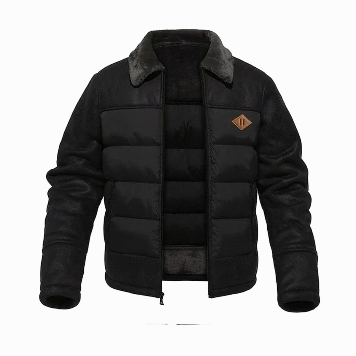 Owen | Men's Quilted Jacket Insulated Faux Leather Fleece-Collar Winter Coat