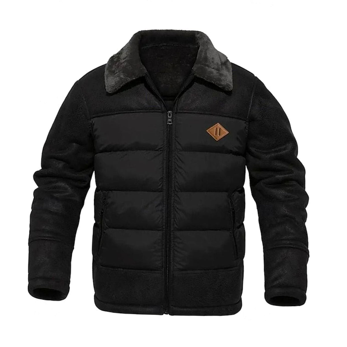 Owen | Men's Quilted Jacket Insulated Faux Leather Fleece-Collar Winter Coat