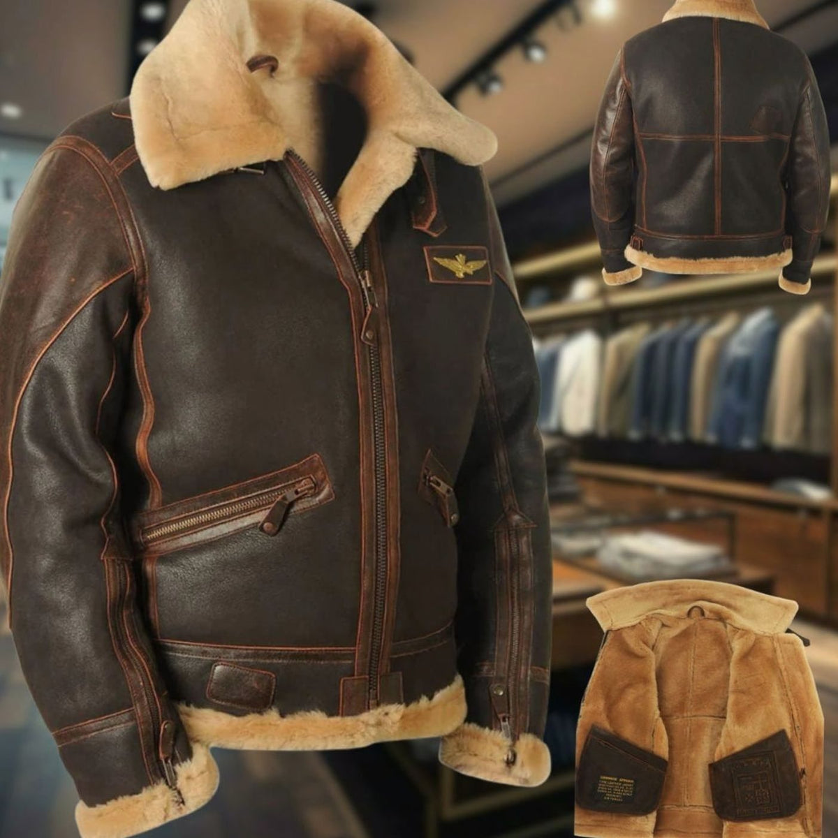 William | Men's Shearling B-3 Bomber Zip-Up Leather Flight Jacket