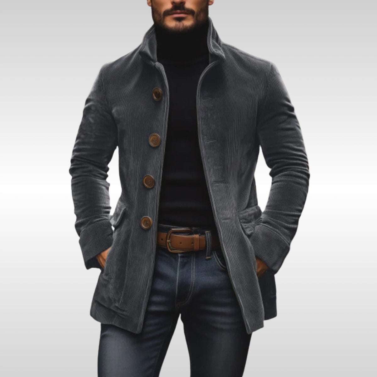 Samuel | Men's Slim-Fit Corduroy Stand-Collar Wool Coat Button-Up