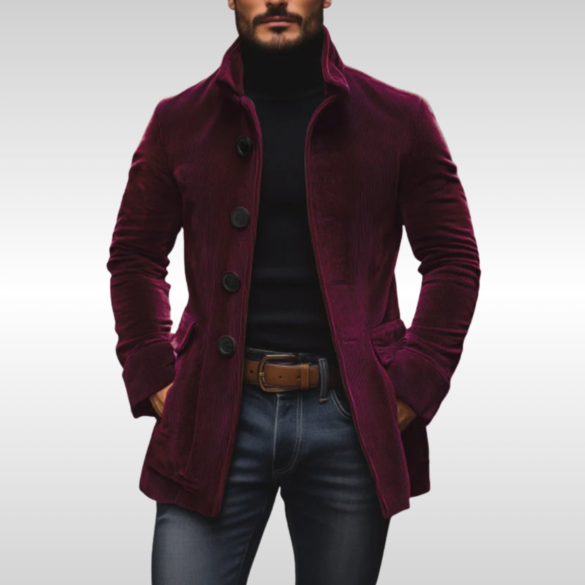 Samuel | Men's Slim-Fit Corduroy Stand-Collar Wool Coat Button-Up