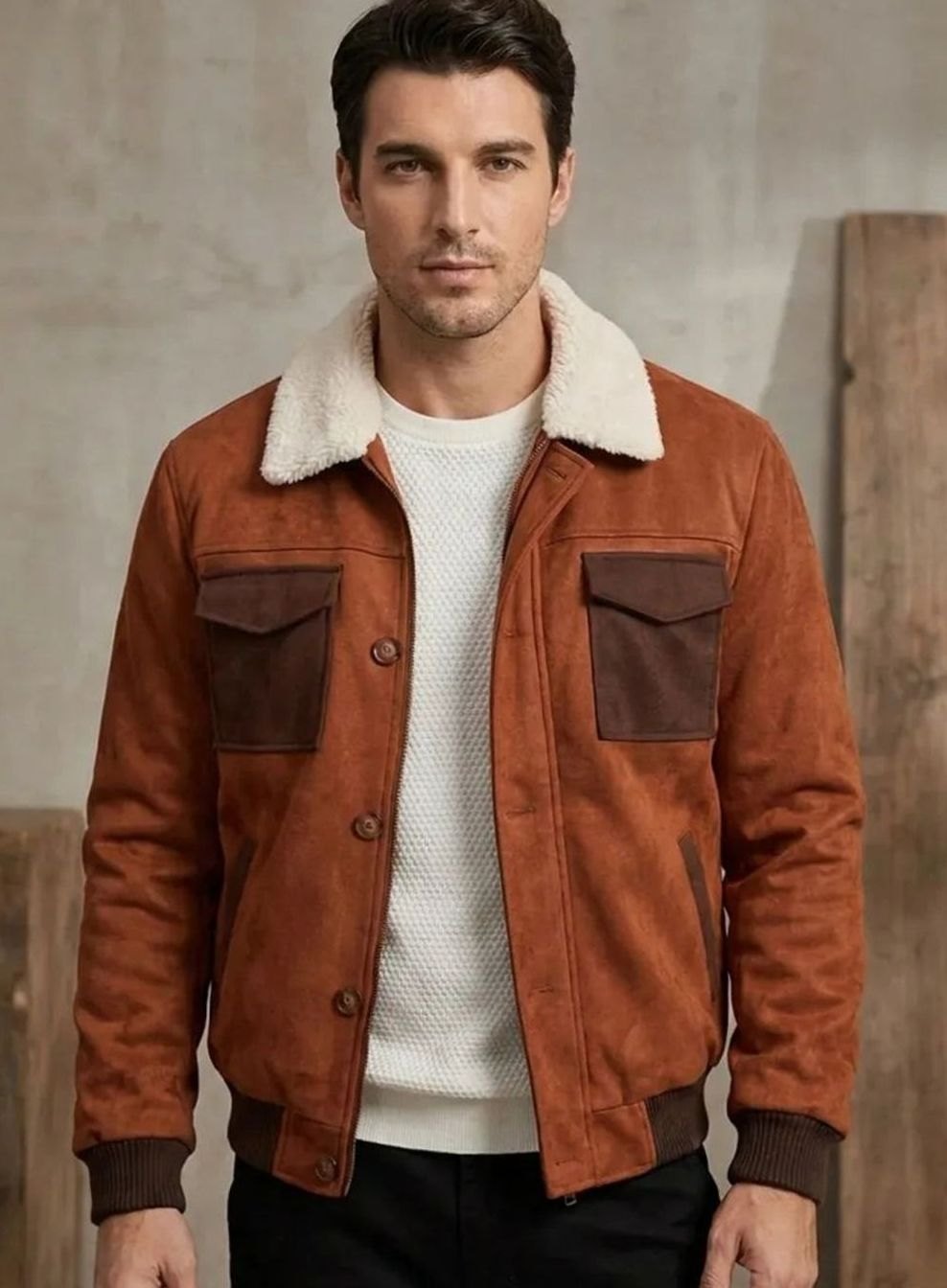 Nathan | Men's Suede Sherpa-Lined Button-Front Bomber Jacket