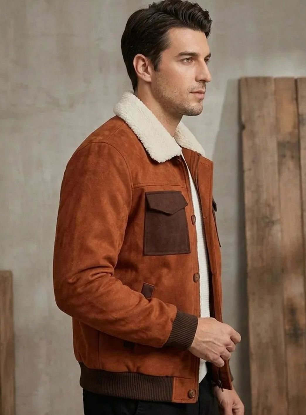 Nathan | Men's Suede Sherpa-Lined Button-Front Bomber Jacket