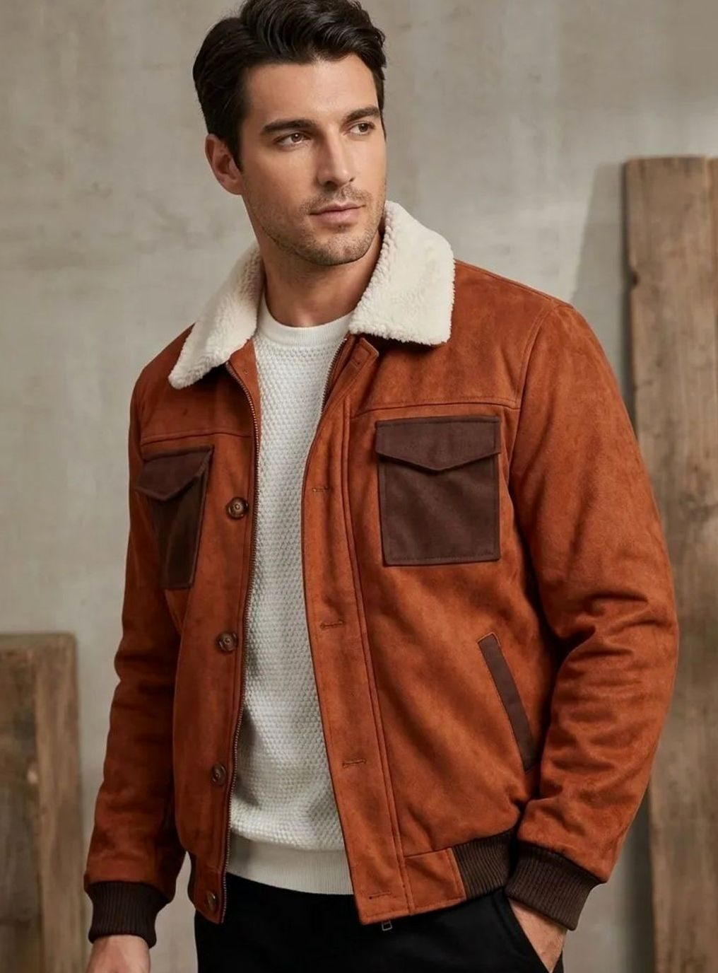 Nathan | Men's Suede Sherpa-Lined Button-Front Bomber Jacket