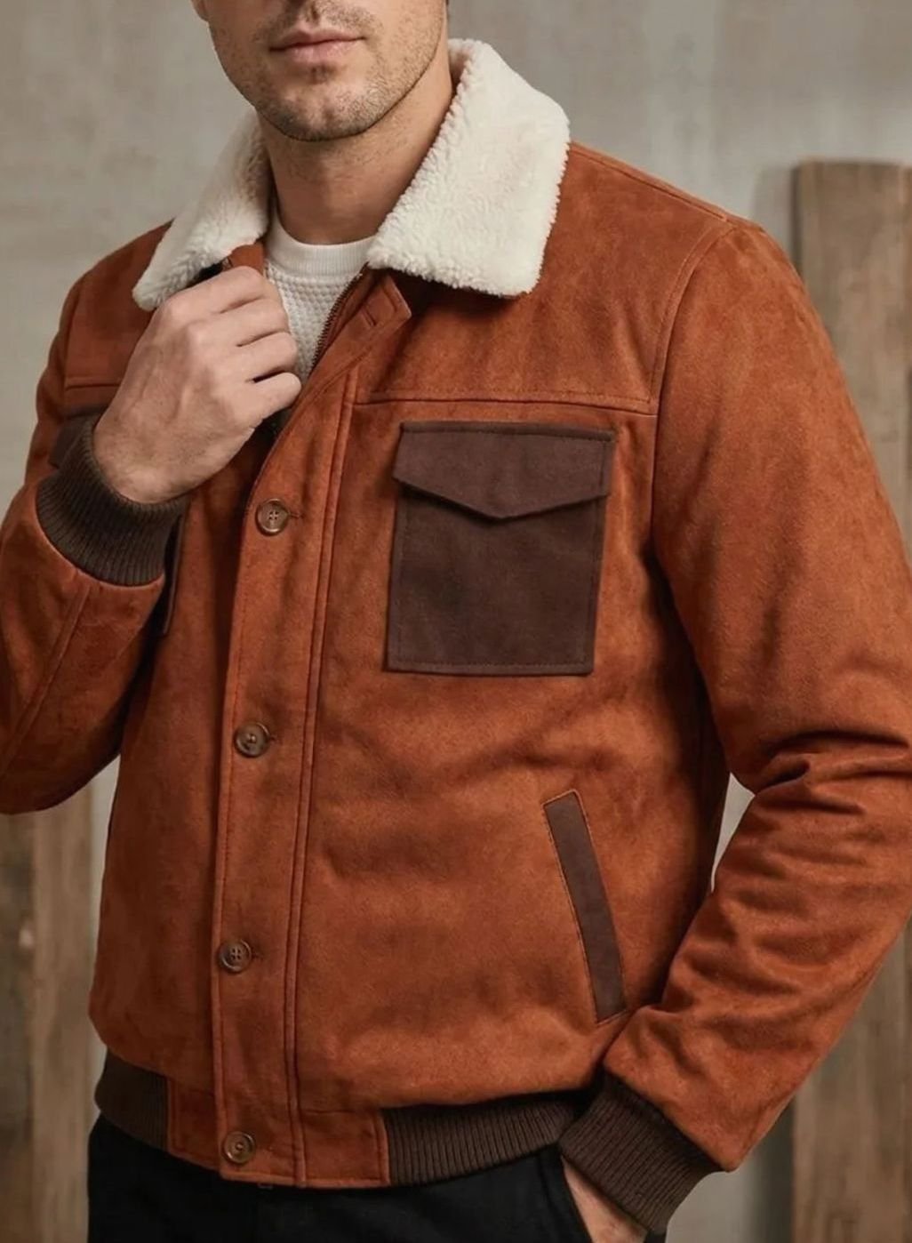 Nathan | Men's Suede Sherpa-Lined Button-Front Bomber Jacket