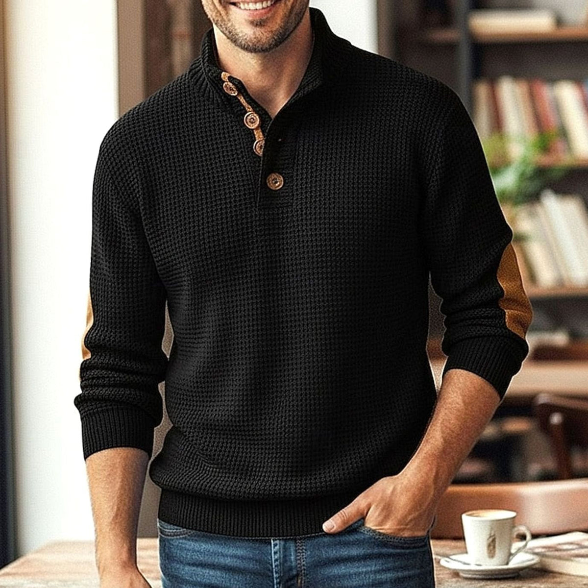 Alexander | Men's Waffle-Knit Button-Neck Long Sleeve Pullover Sweater