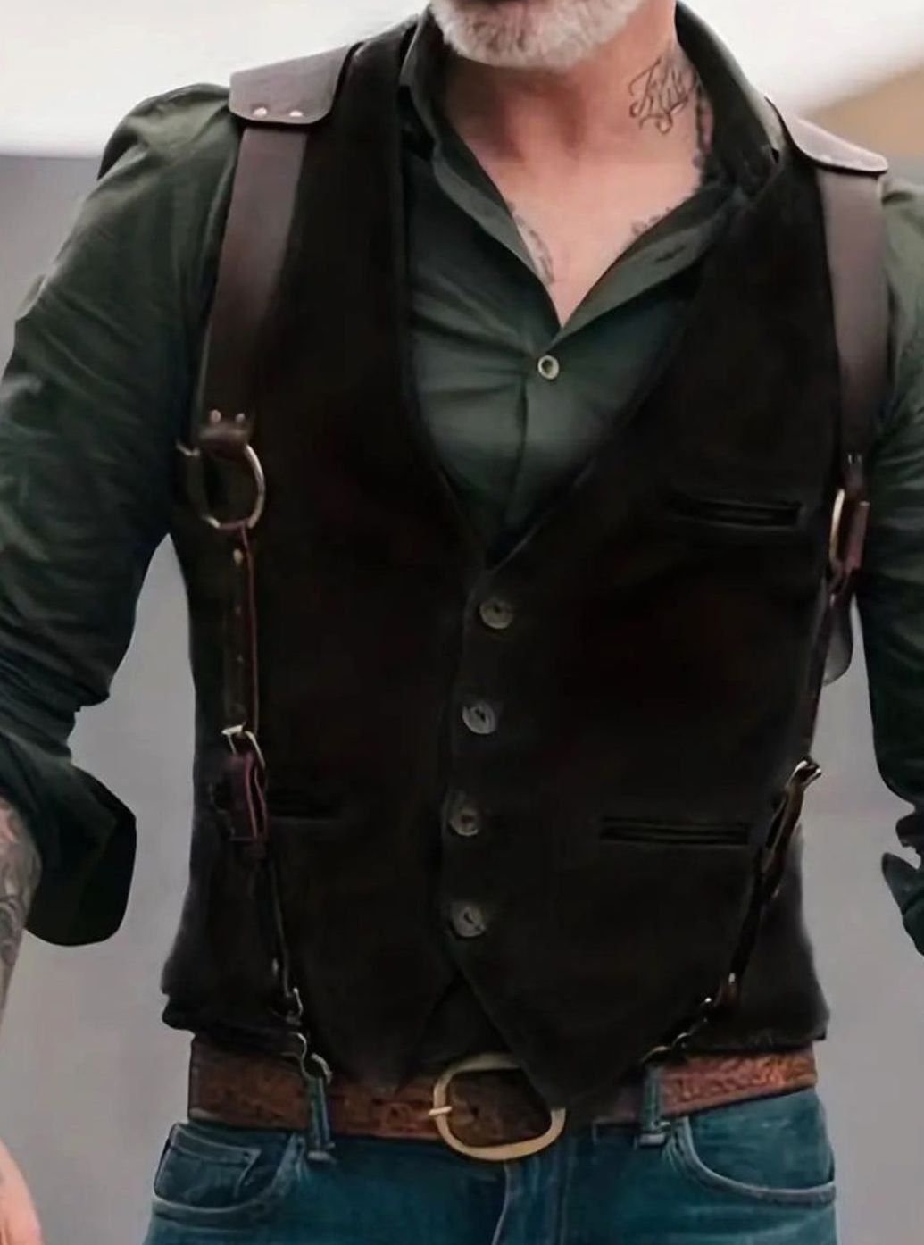 Ryan | Men's Western Suede Look Vest Leather Strap Button-Front