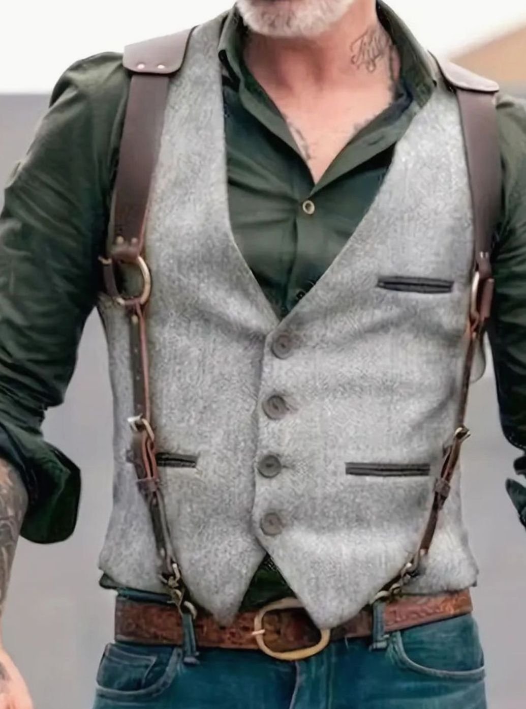 Ryan | Men's Western Suede Look Vest Leather Strap Button-Front