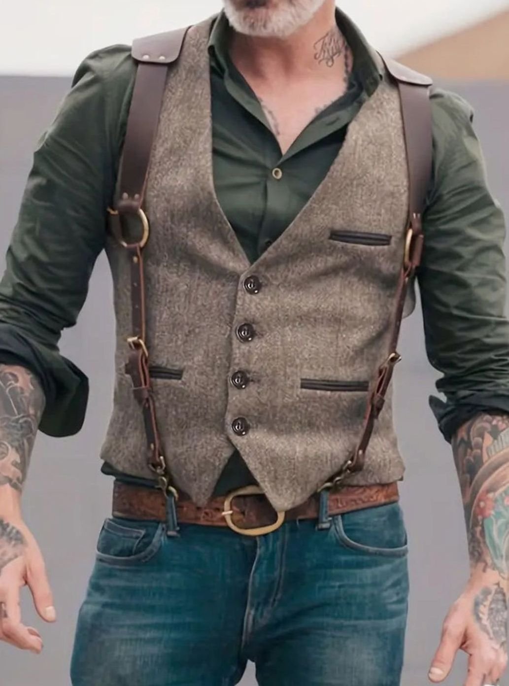 Ryan | Men's Western Suede Look Vest Leather Strap Button-Front