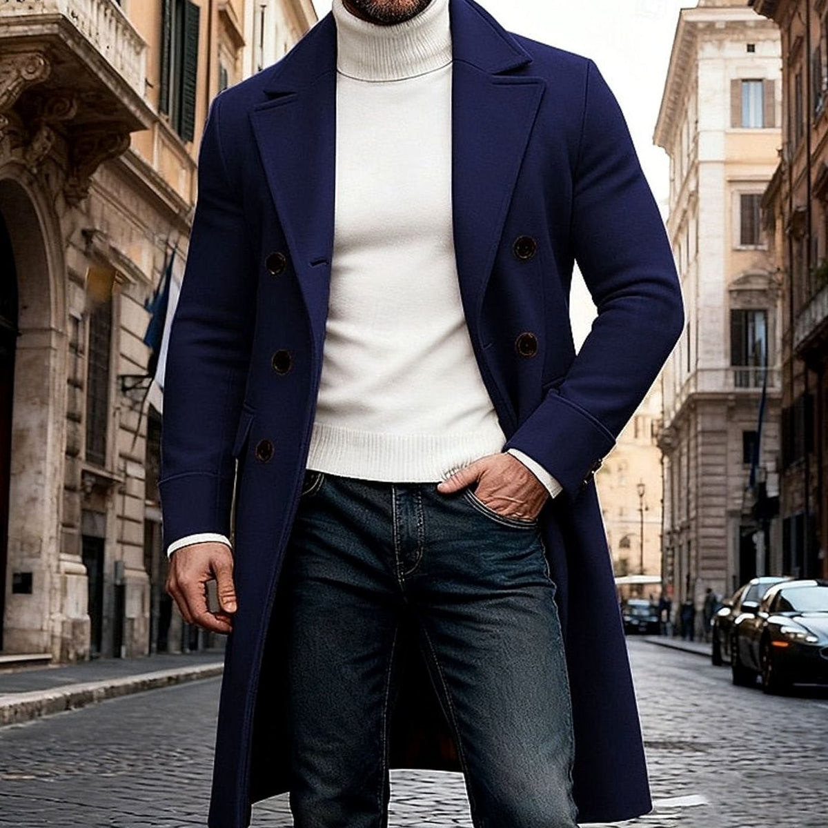 Aiden | Men's Wool Double-Breasted Long Overcoat Tailored Fit