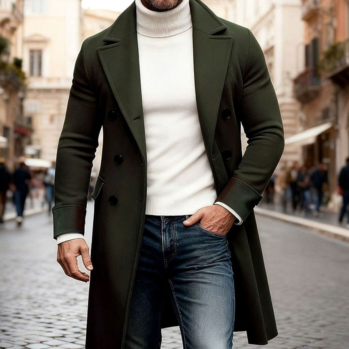 Aiden | Men's Wool Double-Breasted Long Overcoat Tailored Fit