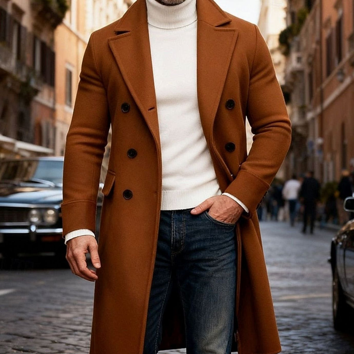Aiden | Men's Wool Double-Breasted Long Overcoat Tailored Fit