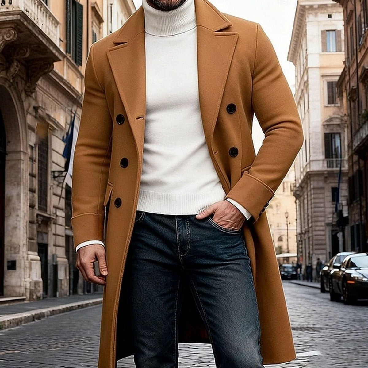 Aiden | Men's Wool Double-Breasted Long Overcoat Tailored Fit