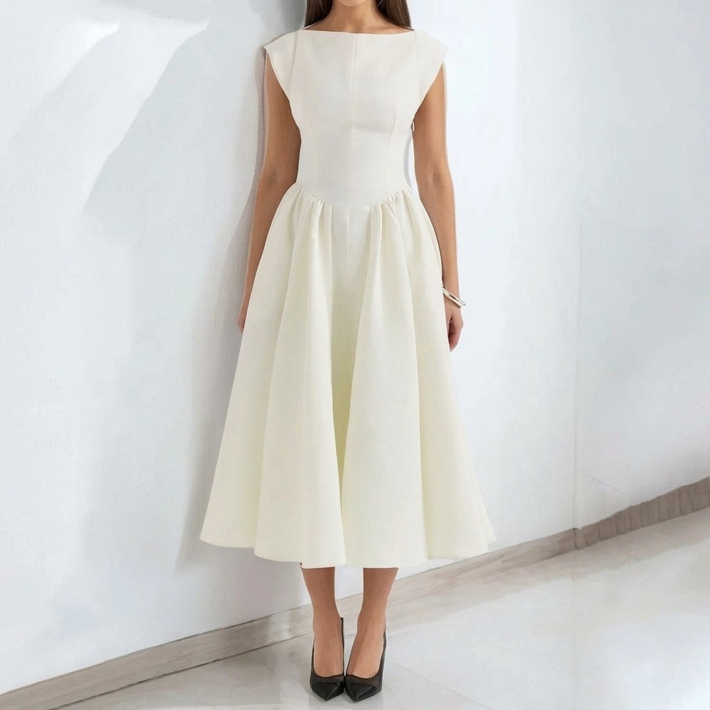 Sophia | Women's 1950s-Inspired Bateau Neck Full Skirt Satin Midi Dress