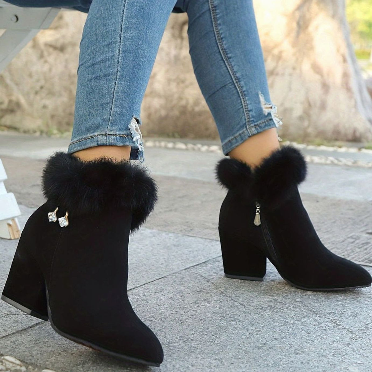 Harper | Women's Black Boots Faux Fur Trim Block-Heel Ankle Booties