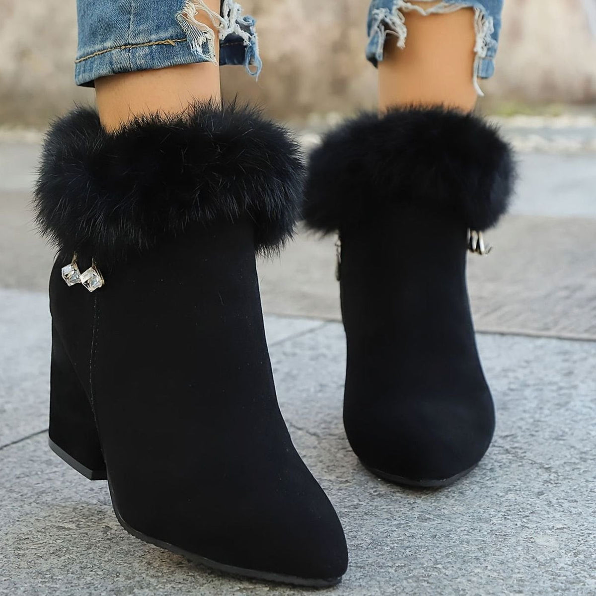 Harper | Women's Black Boots Faux Fur Trim Block-Heel Ankle Booties