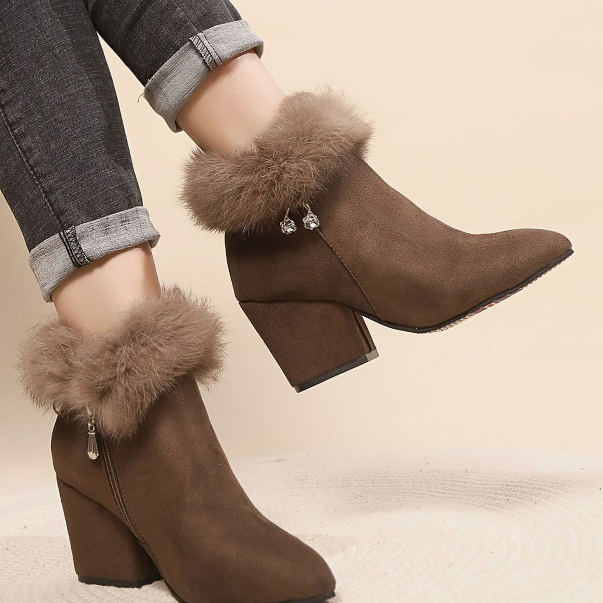Harper | Women's Black Boots Faux Fur Trim Block-Heel Ankle Booties
