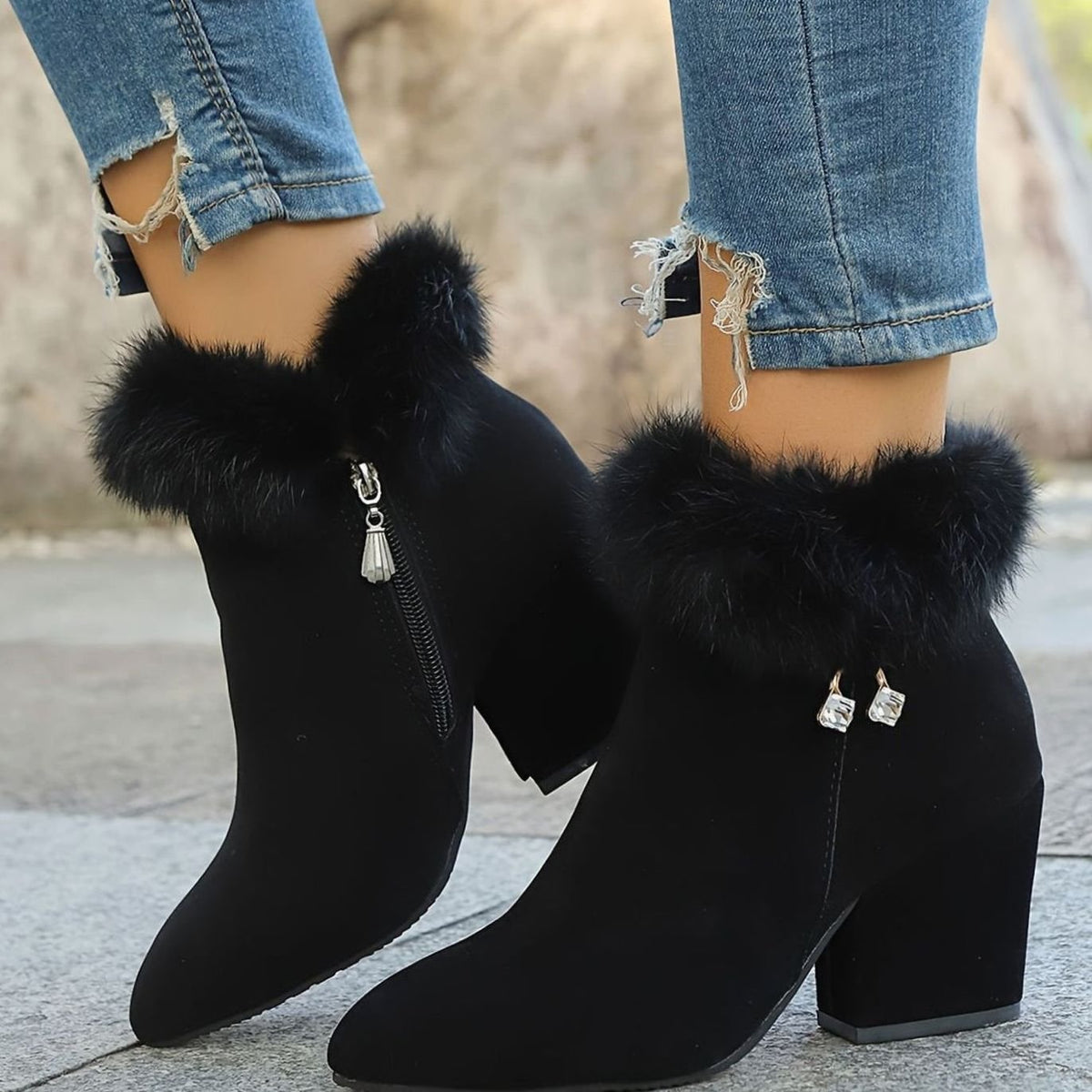 Harper | Women's Black Boots Faux Fur Trim Block-Heel Ankle Booties