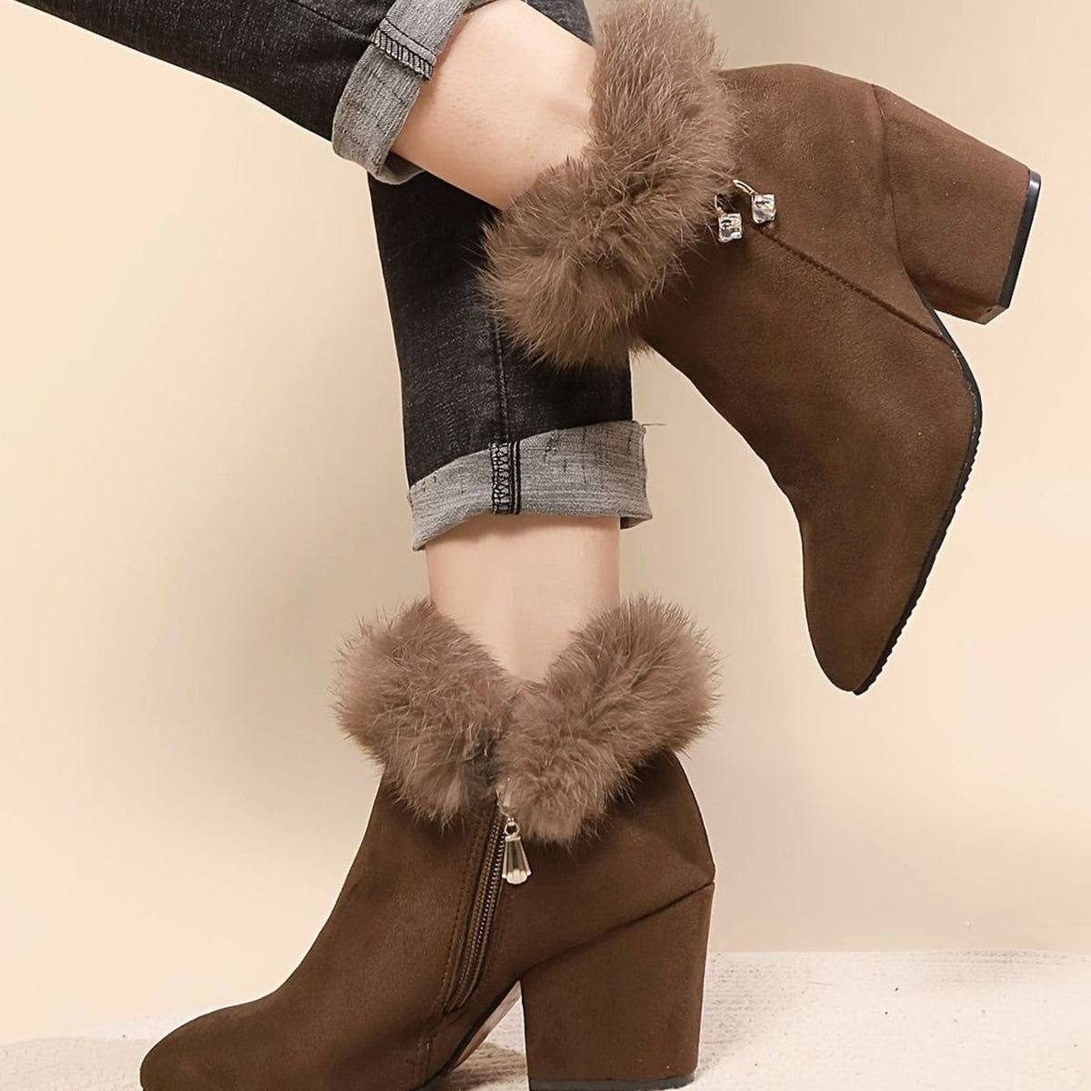 Harper | Women's Black Boots Faux Fur Trim Block-Heel Ankle Booties