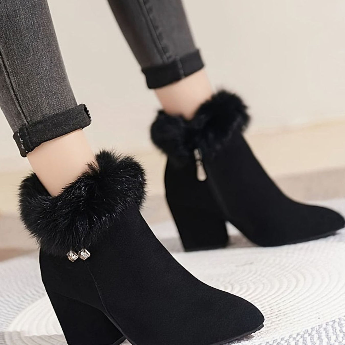 Harper | Women's Black Boots Faux Fur Trim Block-Heel Ankle Booties