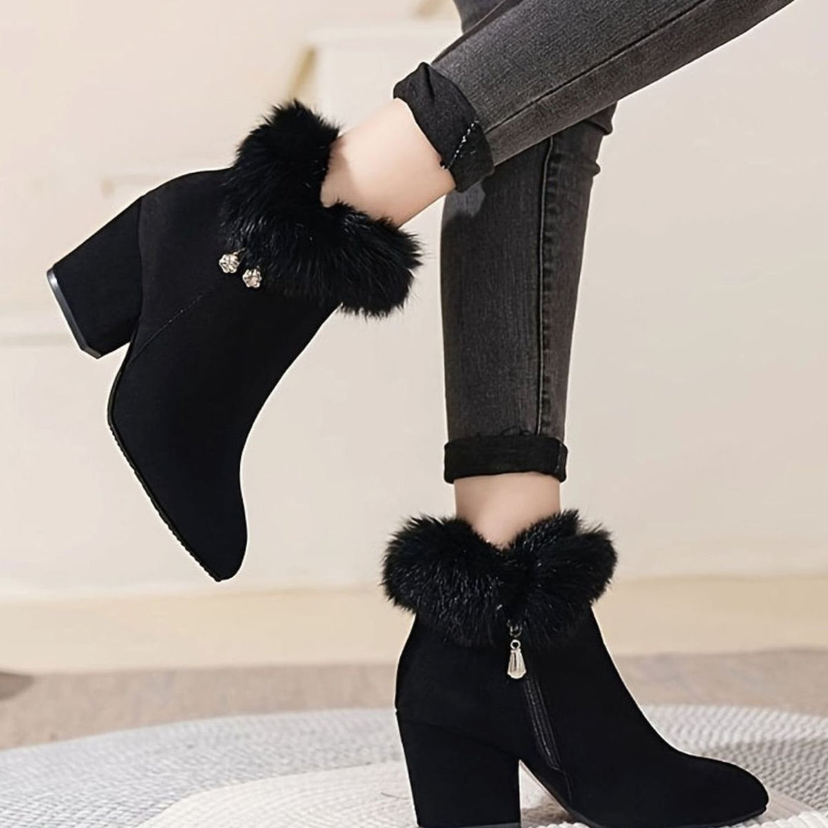 Harper | Women's Black Boots Faux Fur Trim Block-Heel Ankle Booties