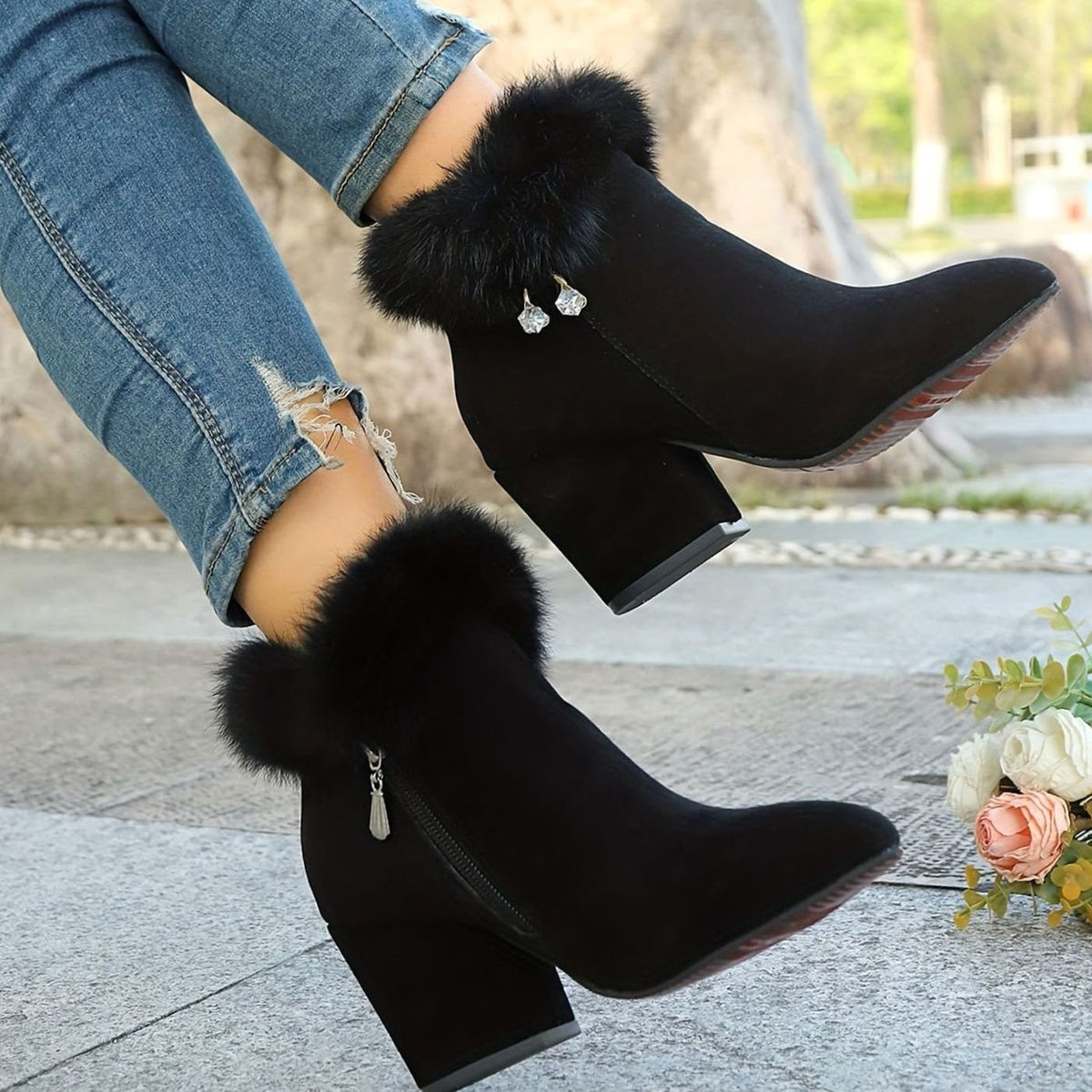 Harper | Women's Black Boots Faux Fur Trim Block-Heel Ankle Booties
