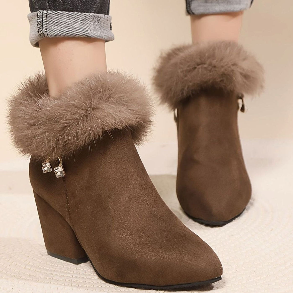 Harper | Women's Black Boots Faux Fur Trim Block-Heel Ankle Booties
