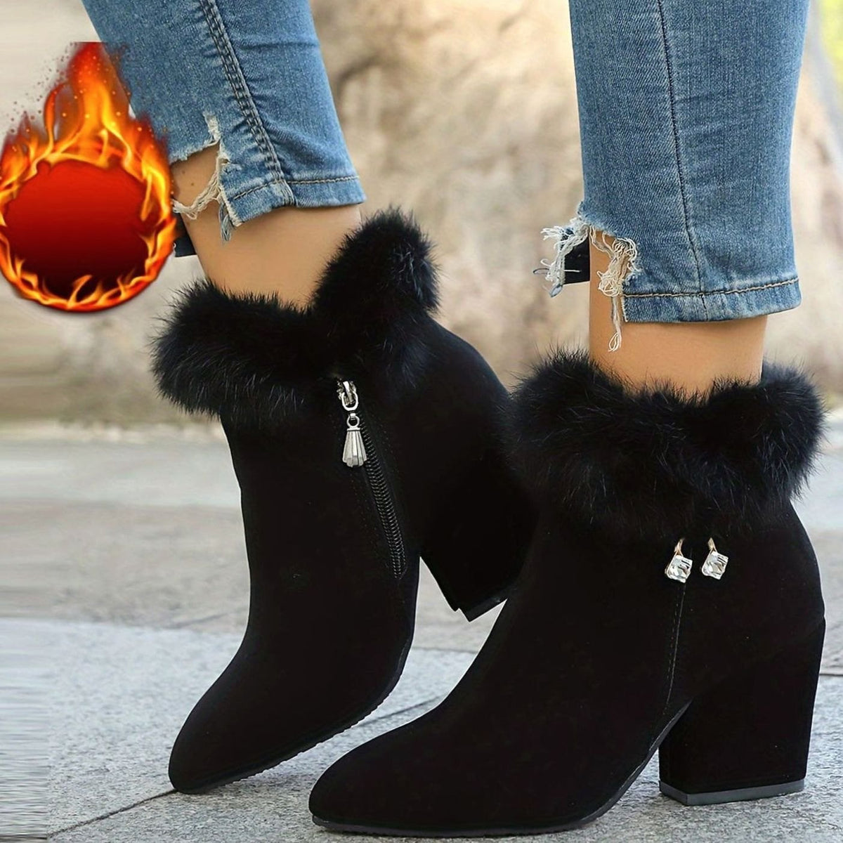 Harper | Women's Black Boots Faux Fur Trim Block-Heel Ankle Booties