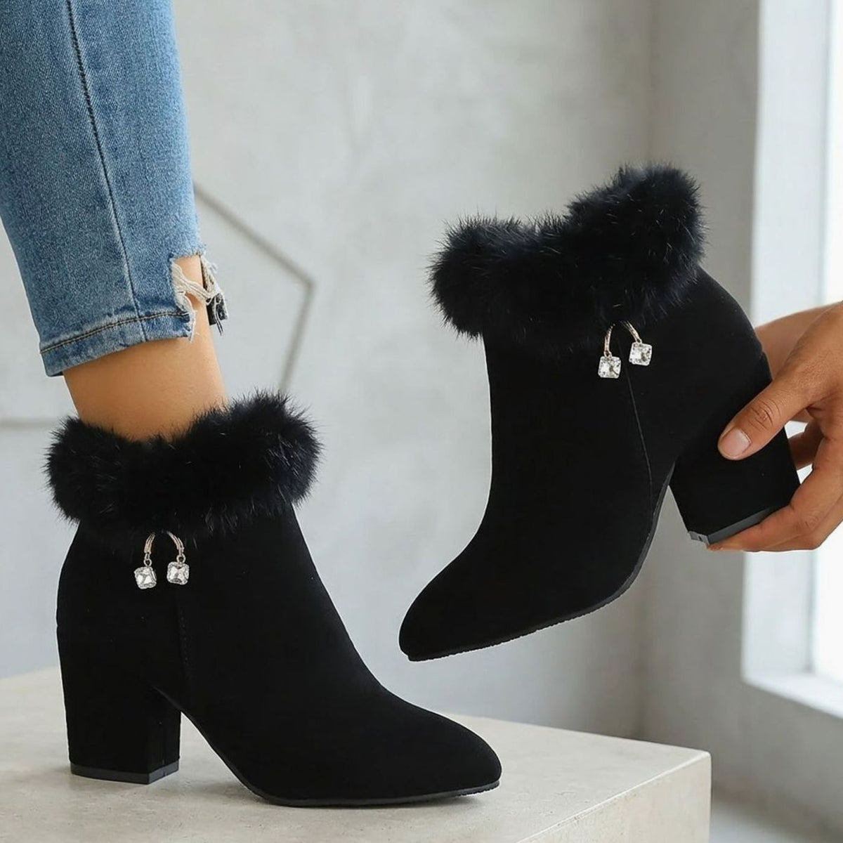 Harper | Women's Black Boots Faux Fur Trim Block-Heel Ankle Booties