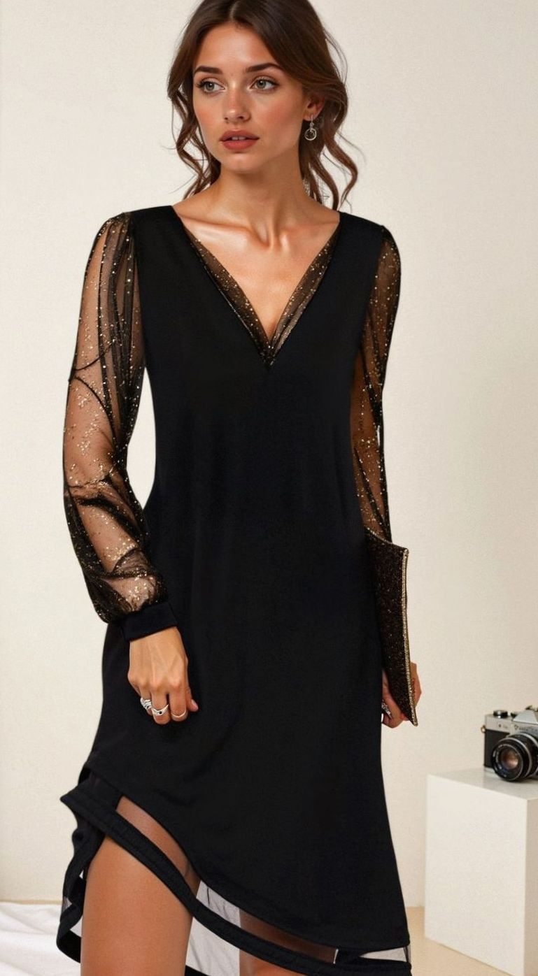 Victoria | Women's Black Long-Sleeve Sheer Sequin V-Neck Christmas Party Dress