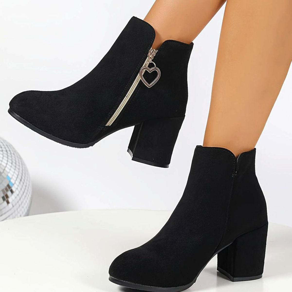 Madison | Women's Black Suede Block-Heel Ankle Boots Heart-Charm Zipper
