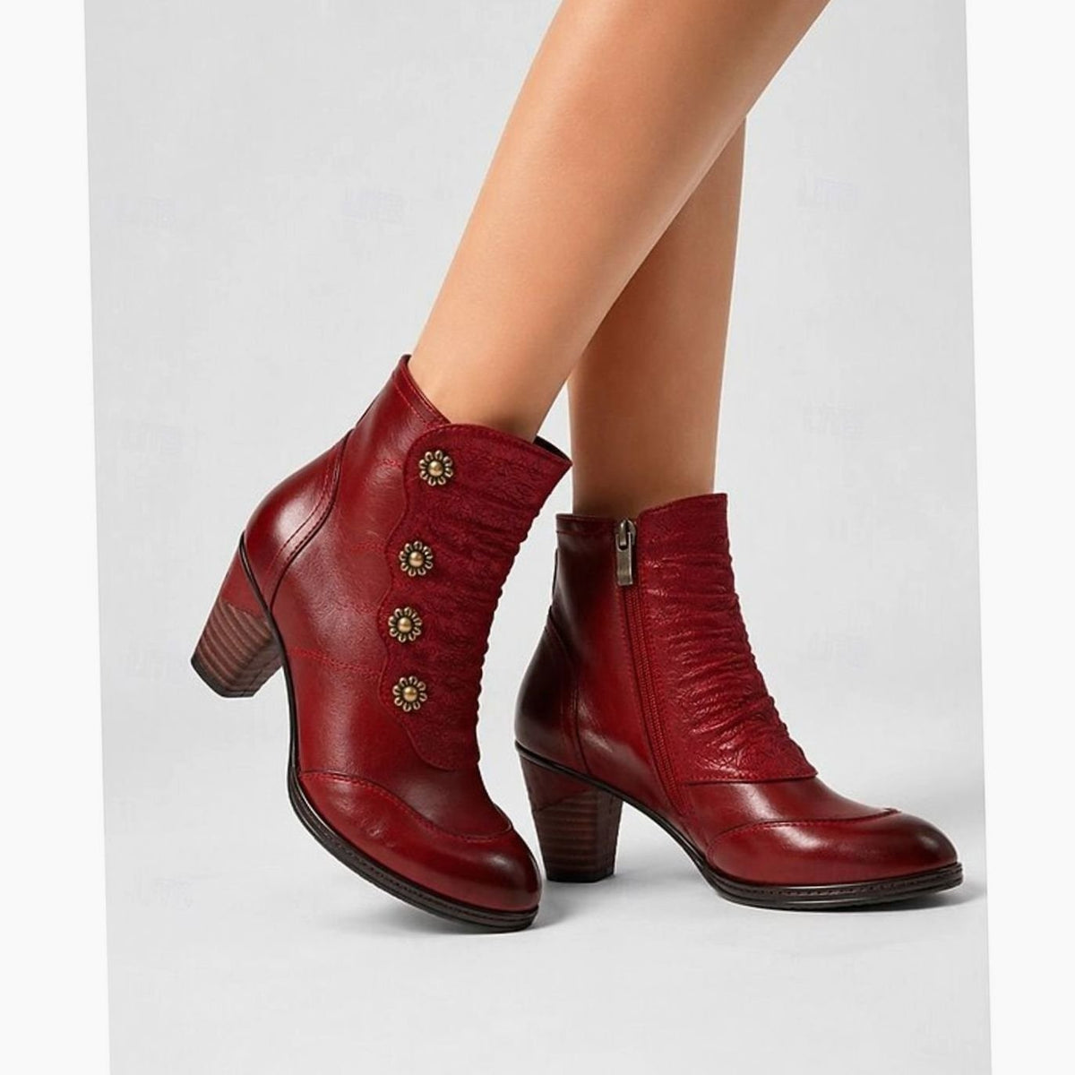 Charlotte | Women's Block-Heel Floral-Button Ruched Ankle Booties
