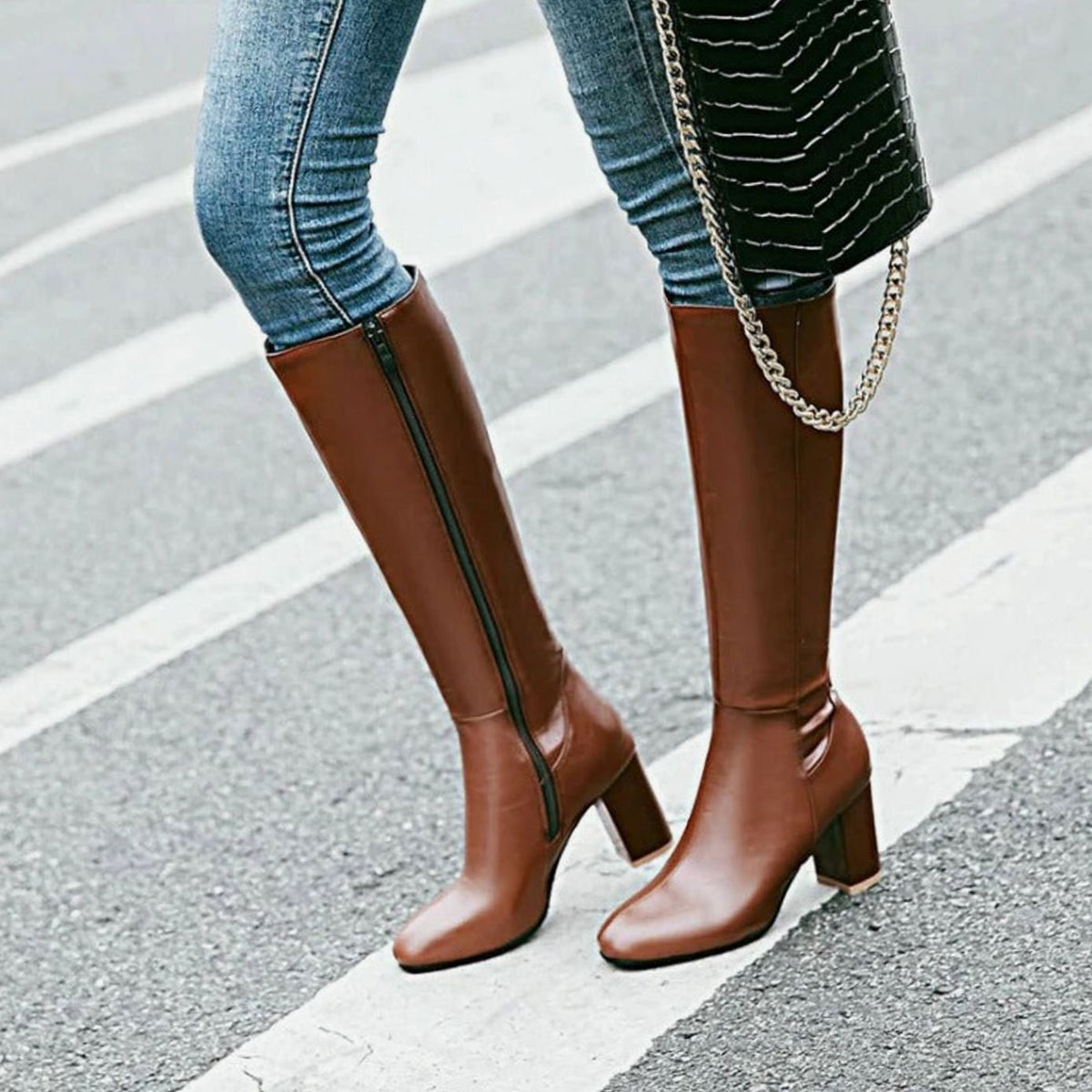 Harper | Women's Block Heel Knee High Boots Side-Zip Faux Leather