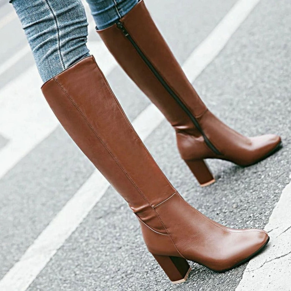 Harper | Women's Block Heel Knee High Boots Side-Zip Faux Leather